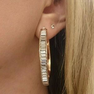 Henri Bendel rose gold hoops w/ diamond baguettes